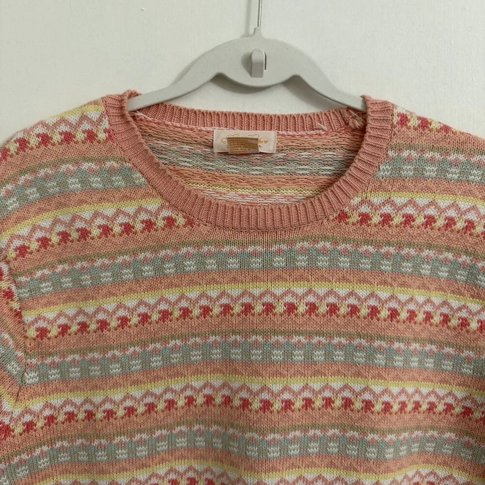 Brooks Brothers Womens XL Fair Isle Knit Sweater‎ Top Pink Cotton Short Sleeve